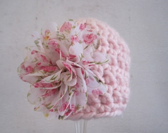 Crochet Baby Girl Hat: Pink Beanie with Chiffon Flower