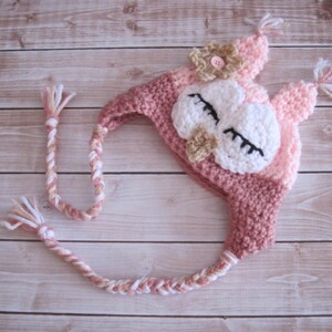 Virkad Owl Baby Halloween-kostymhatta: Rosa nyföddfotorekvisita bild 5