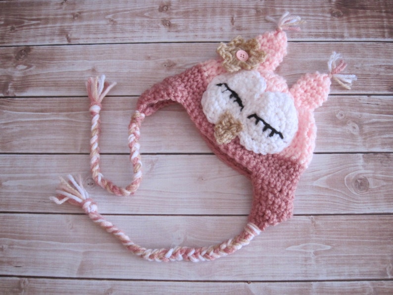 Virkad Owl Baby Halloween-kostymhatta: Rosa nyföddfotorekvisita bild 5