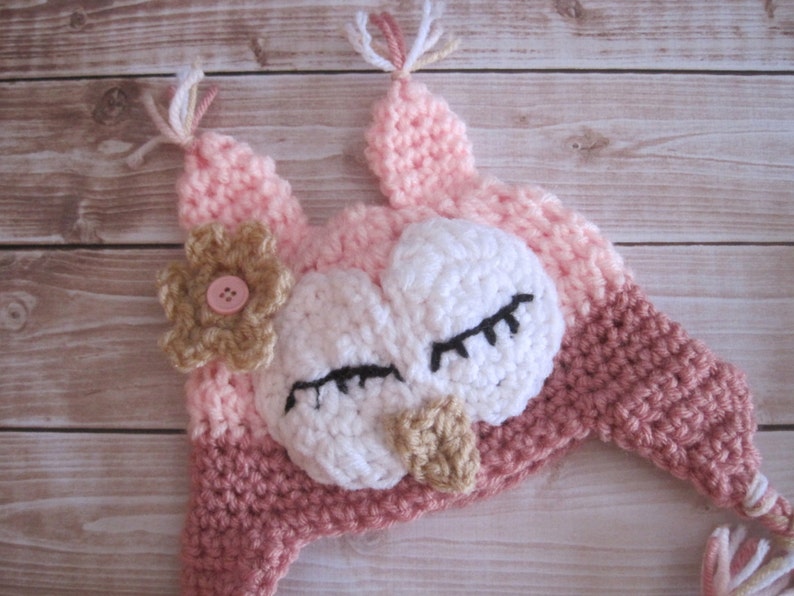 Virkad Owl Baby Halloween-kostymhatta: Rosa nyföddfotorekvisita bild 3