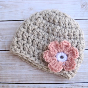 Crochet Baby Girl Flower Hat, Girl Newborn Hat, Infant Coming Home Hat, Baby Hospital Hat, Beanie for Baby Girls, Newborn Baby Cap, Pink