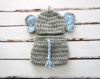Baby Boy Elephant Hat and Diaper Cover, Baby Boy Elephant Outfit, Newborn Elephant Costume, Newborn Boy Photo Outfit, Halloween Costume