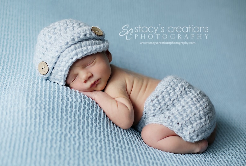 Blue Baby Boy Hat, Newborn Hat, Newborn Photo Outfit Boy, Baby Hat and Diaper Cover Set, Infant Diaper Cover Set, Baby Shower Gift image 1