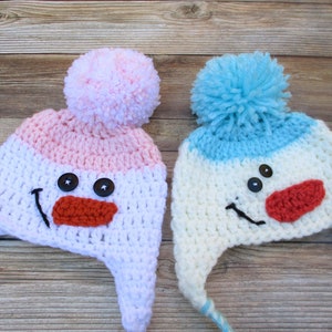 Crochet Baby Snowman Hat, Newborn Winter Hat, Baby Christmas Hat, Baby Hat, Holiday Baby Hat, Christmas Photo Prop, Infant Gift, Blue, Pink