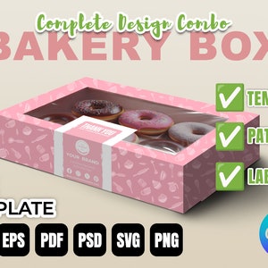 Complete Design Combo: Editable Bakery Box Template with Pattern and Labels (3 Sizes) | Customizable & Ready to Use