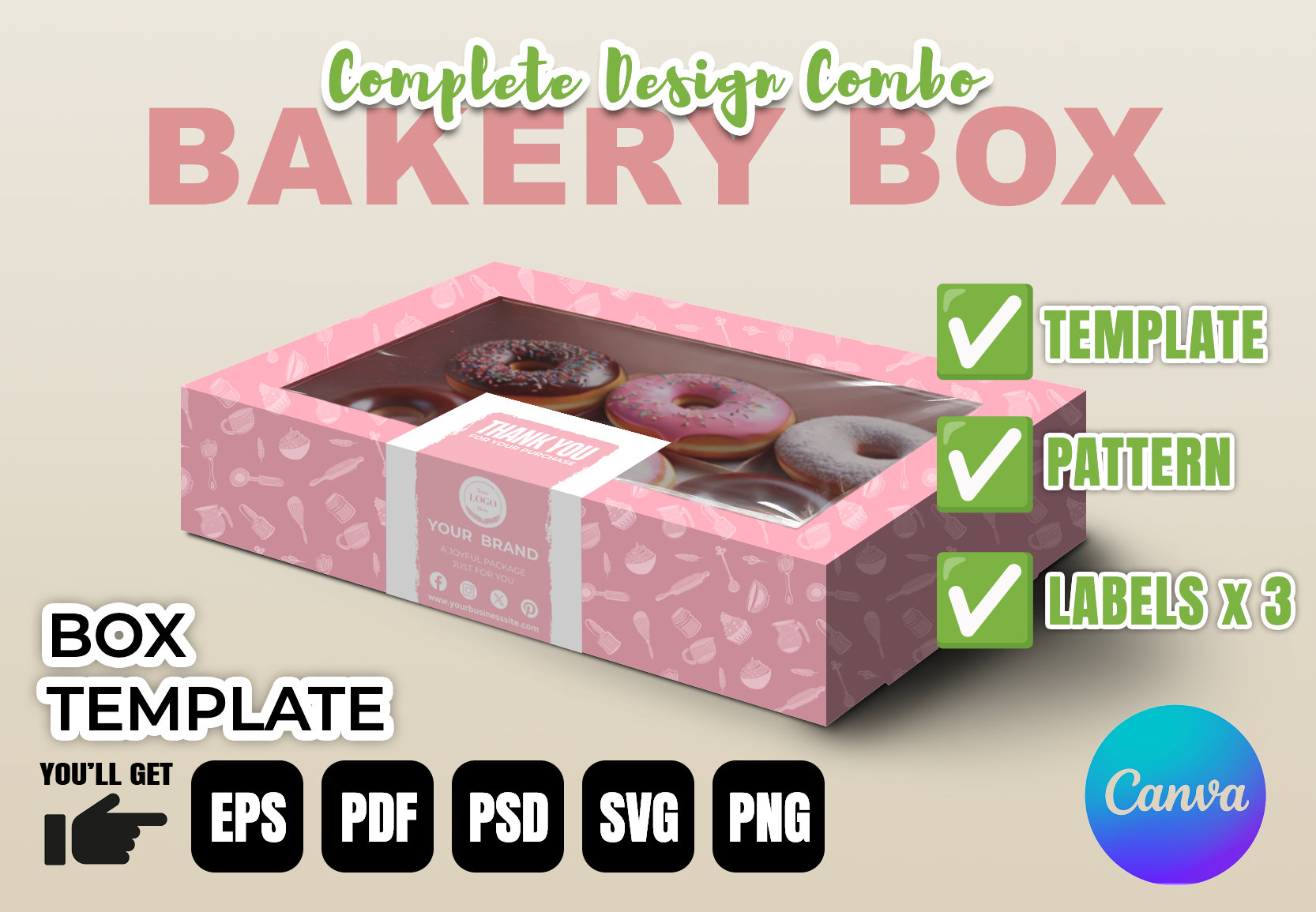 Editable Bakery Box Template: Customizable Pattern & Labels (3 Sizes) (Digital Download)