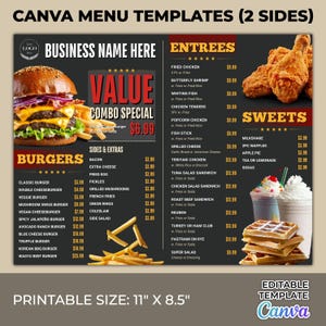 Menu Templates | Editable Template via Canva, Fast-Food, Hamburger, Restaurant Menu, Social Media Menu, Printable Menu, Brochure Menu