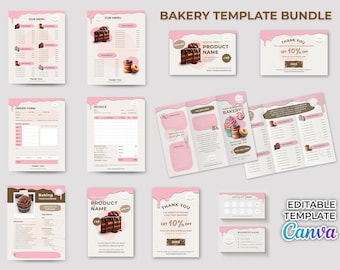 Bakery Business Template Bundle: Menu, Brochure, Cards (Canva Editable)