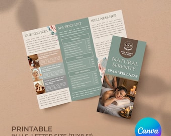 May include: A tri-fold brochure template for a spa and wellness business. The brochure is in a light green color with floral accents and features a price list for massages, facials, and body treatments. The brochure also includes a section for wellness services. The brochure is printable in U.S. letter size (11" x 8.5").