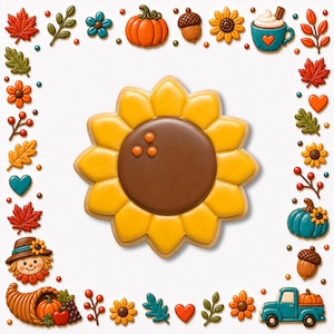 May include: A large sunflower-shaped sugar cookie with yellow petals and a brown center, surrounded by a border of small icing decorations including pumpkins, acorns, leaves, flowers, hearts, a mug, a cornucopia, and a blue pickup truck.