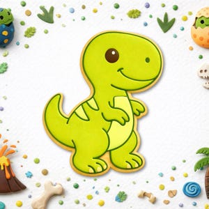 May include: A cheerful, lime green dinosaur cookie with a yellow outline is the focal point of this image. Surrounding the dinosaur are other dinosaur-themed cookies and decorations, including a volcano, palm tree, and dinosaur eggs. The background is white.