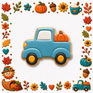 Peut inclure: Un biscuit en forme de camion bleu avec une fenêtre blanche et une citrouille orange dans la benne, entouré d'une bordure de décorations en glaçage sur le thème de l'automne, incluant des feuilles d'érable, citrouilles, glands et tournesols.