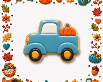Può includere: Un biscotto a forma di camion blu con un finestrino bianco e una zucca arancione nel cassone, circondato da un bordo di decorazioni in glassa a tema autunnale che includono foglie d'acero, zucche, ghiande, girasoli, una tazza e un volto di spaventapasseri.