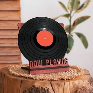 Now playing record stand, Now spinning display, Album display, Wood vinyl record holder, Vinyl record storage stand, Now spinning wood