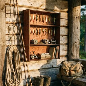 May include: A wooden wall-mounted display shelf holding fishing lures, reels, and books. Beside it are two fishing rods, a coiled rope, a pair of dark rubber boots, and a tan canvas messenger bag, all arranged against a rustic log cabin wall.