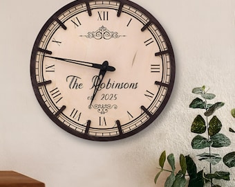 Personalized family name clock, Custom family wall clock, Housewarming gift clock, Wooden wall clock last name, Anniversary gift clock