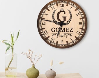 Custom name wall clock, Monogrammed wooden clock, Custom family name wall clock, Personalized wooden clock gifts, Last name clock