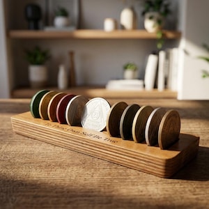 Könnte beinhalten: Ein rechteckiger Holzständer mit einer horizontalen Nut, in der zehn kreisförmige Nüchternheitsmünzen in verschiedenen Farben wie Grün, Gold, Rot, Silber und Bronze stecken. Der Holzsockel ist mit dem Text To Thine Own Self Be True graviert.