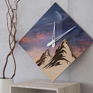 Mountain wall clock, Saturn clock, Space wall clock, Diamond shape clock, Planet wall clock, Modern wall clock bedroom, Unusual wall clock