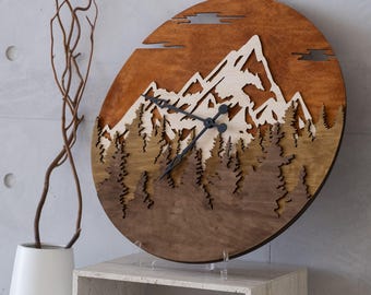 Mountain wall clock, Mountain clock kids, Forest wood clock, Nature wall clock, Landscape clock, Unique wall clock, Multilayer clock