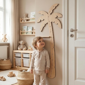 May include: A wooden palm tree-shaped growth chart mounted on a wall. The chart is made of light-colored wood and features a ruler with inch markings. A young child in striped pajamas stands next to the chart.
