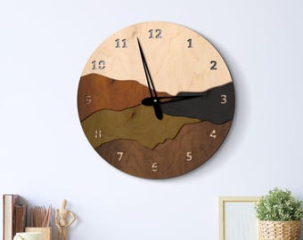 Mountain wall clock, Wood mountain clock, Nature wall clock, Landscape clock, Unique wall clock home decor, Wooden wall clock large