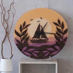 Reloj de pared de barco, Reloj de barco, Reloj de pared de mar, Arte de pared de barco de vela, Reloj náutico, Relojes de pared de océano, Reloj de pared de sol, Reloj de playa