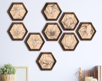 Floral hexagon wall art, Floral hexagon plaque, Engraved floral wall art, Hexagon wood wall art, Hexagon wood wall panels,Botanical wood art