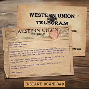 May include: A vintage Western Union telegram invitation with a brown background and purple text. The telegram reads: "Urgent Telegram From: Charles Hayward To: Emily Brent Prepare yourself for a night of mystery and intrigue. You are cordially invited to solve a most perplexing crime. Your presence is required at 3 Kings Abbot Lane on Saturday, October 31st at 7:00 PM. The investigation begins promptly at 7:30 PM. Can you unravel the clues and reveal the culprit? Only time will tell. Please RSVP at (123) 456-7890. Your participation is vital to uncovering the truth. End Telegram"