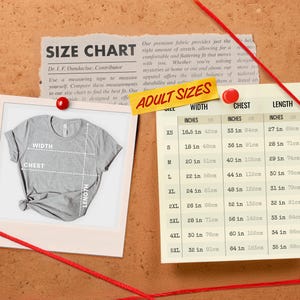 May include: A grey t-shirt displayed in a white frame next to a size chart table. The chart lists sizes XS through 5XL with corresponding width, chest, and length measurements in inches and centimeters. The text reads SIZE CHART and ADULT SIZES.
