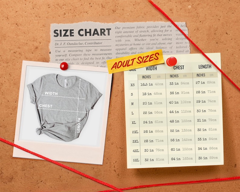 May include: A grey t-shirt displayed in a white frame next to a size chart table. The chart lists sizes XS through 5XL with corresponding width, chest, and length measurements in inches and centimeters. The text reads SIZE CHART and ADULT SIZES.