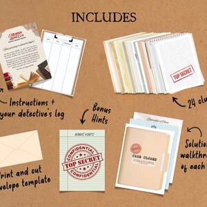 Puede incluir: Un juego de misterio de asesinato con tem&aacute;tica de club de lectura. El juego incluye instrucciones, un registro de detective, 24 pistas, pistas adicionales, una plantilla de sobre para imprimir y cortar, y una soluci&oacute;n y un recorrido paso a paso para cada pista. El juego est&aacute; dise&ntilde;ado para un grupo de jugadores y presenta un tema de alto secreto.
