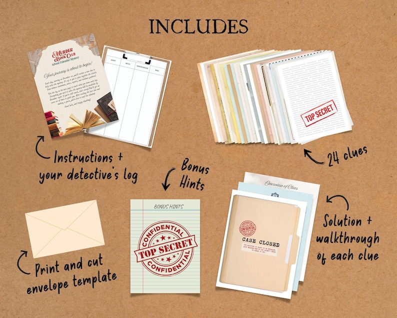 Puede incluir: Un juego de misterio de asesinato con tem&aacute;tica de club de lectura. El juego incluye instrucciones, un registro de detective, 24 pistas, pistas adicionales, una plantilla de sobre para imprimir y cortar, y una soluci&oacute;n y un recorrido paso a paso para cada pista. El juego est&aacute; dise&ntilde;ado para un grupo de jugadores y presenta un tema de alto secreto.