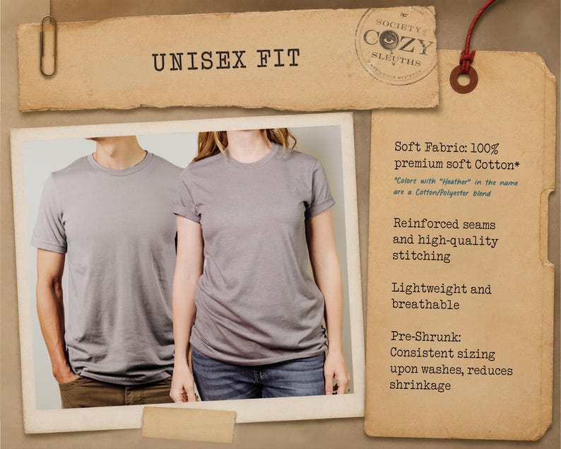 May include: A plain grey short-sleeve t-shirt with a crew neck. The image includes text: UNISEX FIT, Soft Fabric: 100% premium soft Cotton*, Colors with Heather in the name are a Cotton/Polyester blend, Reinforced seams, high-quality stitching, and Pre-Shrunk.