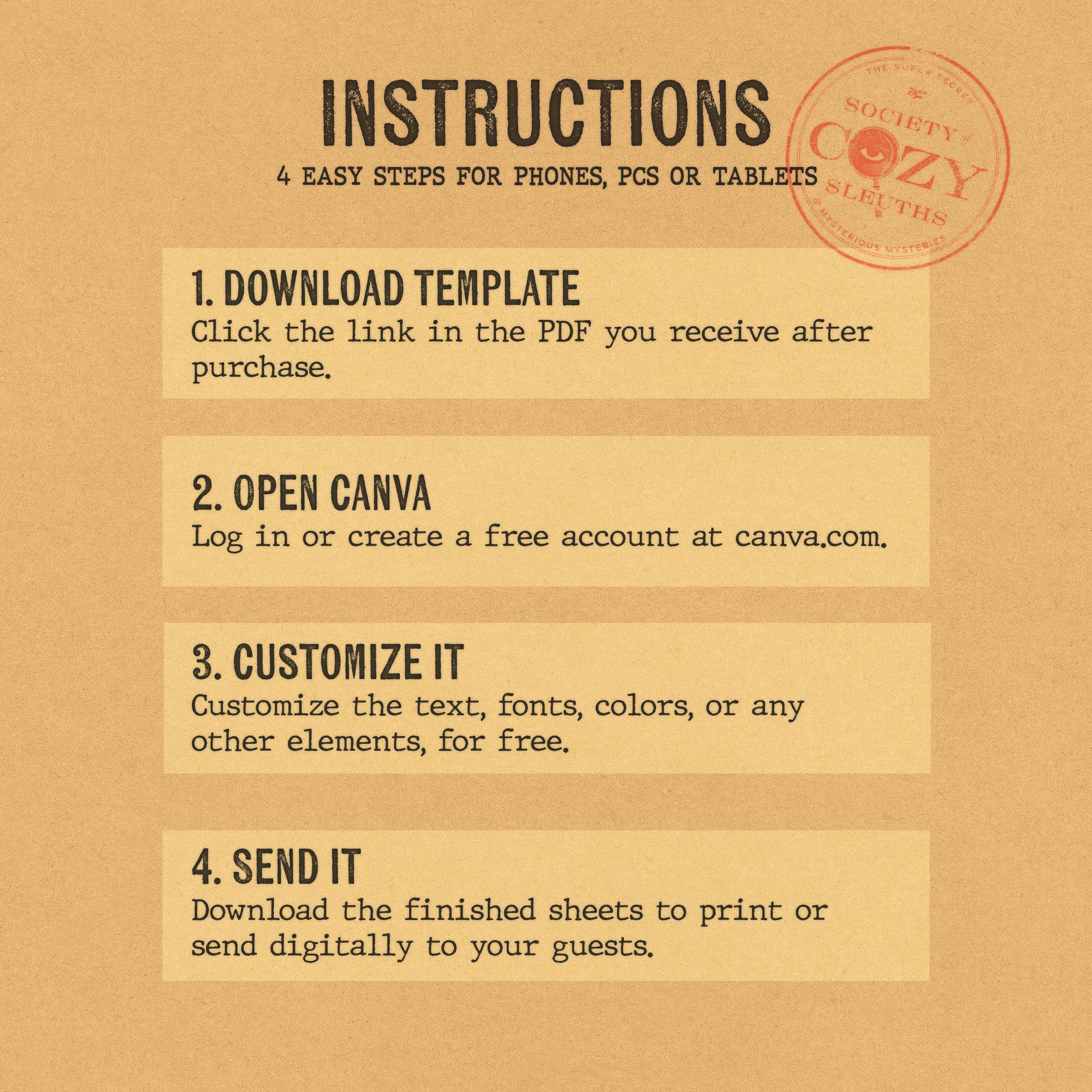 Murder Mystery Template Character Sheet for DIY Mystery Party Kit