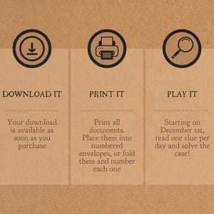 Puede incluir: Un fondo marr&oacute;n con tres cuadros blancos. Cada cuadro tiene un icono negro y texto. El primer cuadro tiene un icono de descarga y el texto "DOWNLOAD IT". El segundo cuadro tiene un icono de impresora y el texto "PRINT IT". El tercer cuadro tiene un icono de lupa y el texto "PLAY IT".