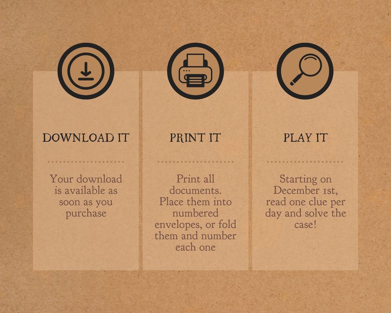 Puede incluir: Un fondo marr&oacute;n con tres cuadros blancos. Cada cuadro tiene un icono negro y texto. El primer cuadro tiene un icono de descarga y el texto "DOWNLOAD IT". El segundo cuadro tiene un icono de impresora y el texto "PRINT IT". El tercer cuadro tiene un icono de lupa y el texto "PLAY IT".