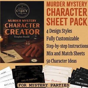 May include: A printable murder mystery character sheet pack with 4 design styles, fully customisable, step-by-step instructions, mix and match sheets, and 50 character ideas. The image shows a sample character sheet with the text "Evelyn Hartley" and "For Mystery Parties".