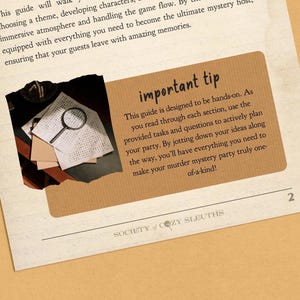 May include: A brown paper card with torn edges and a magnifying glass on top of a stack of papers. The card has the text "important tip" in large, bold letters and a description of how to use the guide. The text "SOCIETY OF COZY SLEUTHS" is at the bottom of the card.