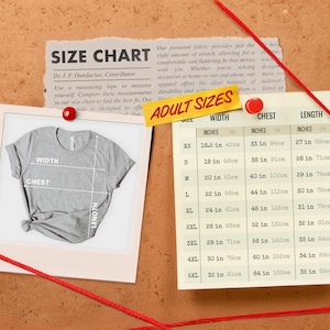 May include: A grey t-shirt displayed in a white frame next to a size chart table. The chart lists sizes XS through 5XL with corresponding width, chest, and length measurements in inches and centimeters. The text reads SIZE CHART and ADULT SIZES.