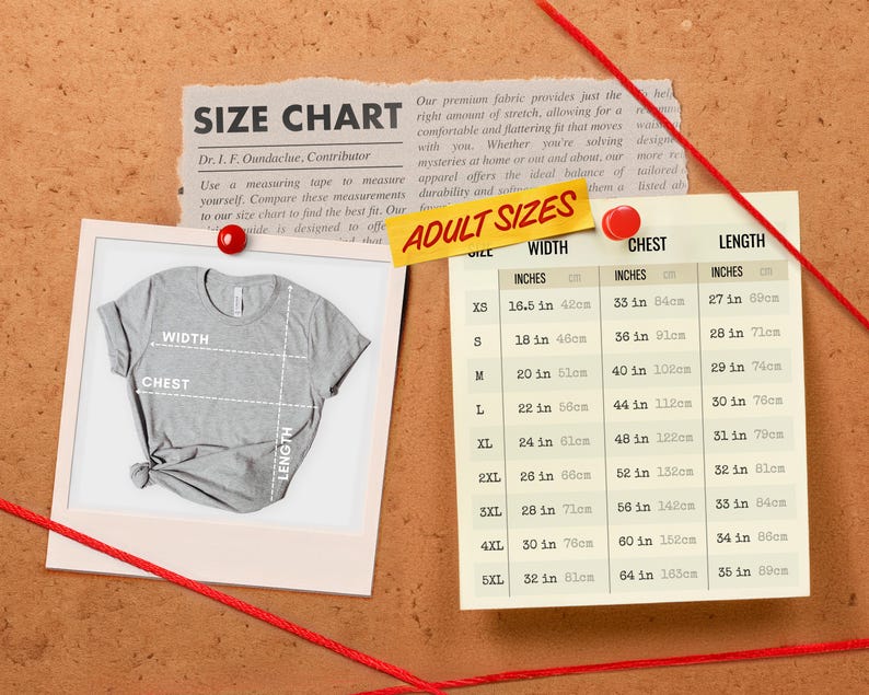 May include: A grey t-shirt displayed in a white frame next to a size chart table. The chart lists sizes XS through 5XL with corresponding width, chest, and length measurements in inches and centimeters. The text reads SIZE CHART and ADULT SIZES.