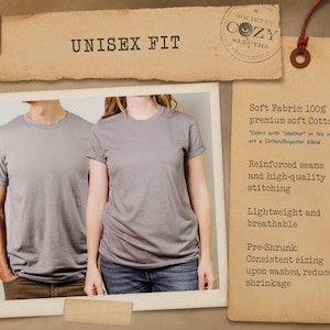 May include: A plain grey short-sleeve t-shirt with a crew neck. The image includes text: UNISEX FIT, Soft Fabric: 100% premium soft Cotton*, Colors with Heather in the name are a Cotton/Polyester blend, Reinforced seams, high-quality stitching, and Pre-Shrunk.
