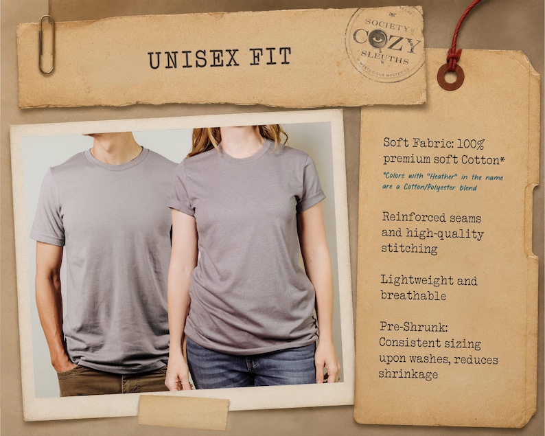 May include: A plain grey short-sleeve t-shirt with a crew neck. The image includes text: UNISEX FIT, Soft Fabric: 100% premium soft Cotton*, Colors with Heather in the name are a Cotton/Polyester blend, Reinforced seams, high-quality stitching, and Pre-Shrunk.