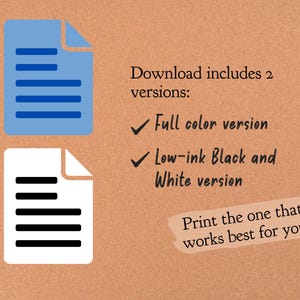Puede incluir: Se muestran dos versiones de un documento imprimible. La primera versi&oacute;n est&aacute; en color, y la segunda versi&oacute;n est&aacute; en blanco y negro. El texto en la imagen dice "La descarga incluye 2 versiones: Versi&oacute;n a color Versi&oacute;n en blanco y negro de bajo consumo de tinta Imprime la que mejor te funcione".
