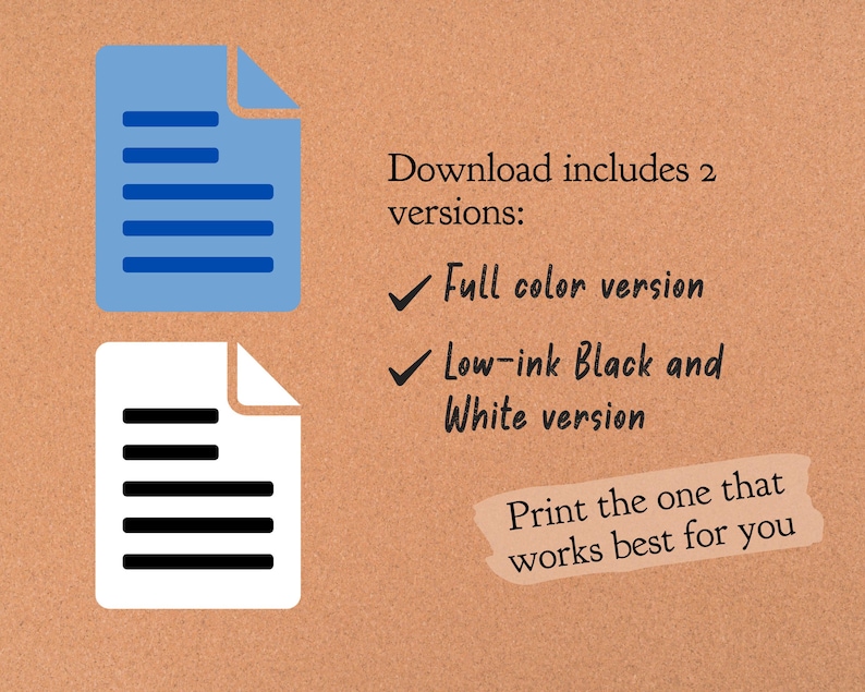 Puede incluir: Se muestran dos versiones de un documento imprimible. La primera versi&oacute;n est&aacute; en color, y la segunda versi&oacute;n est&aacute; en blanco y negro. El texto en la imagen dice "La descarga incluye 2 versiones: Versi&oacute;n a color Versi&oacute;n en blanco y negro de bajo consumo de tinta Imprime la que mejor te funcione".