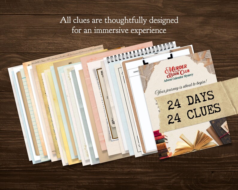 Puede incluir: Un juego de misterio de calendario de adviento de 24 d&iacute;as llamado "Asesinato en el Club del Libro". El calendario presenta 24 sobres con pistas en su interior, y el texto "&iexcl;Tu viaje est&aacute; a punto de comenzar! 24 d&iacute;as 24 pistas" est&aacute; impreso en una etiqueta blanca.