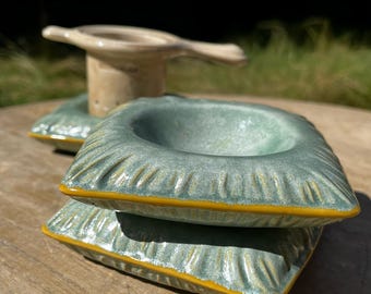 Handmade Green Duchess Cushion Tray | Ceramic Tea Strainer Drip Tray & Jewelry Dish