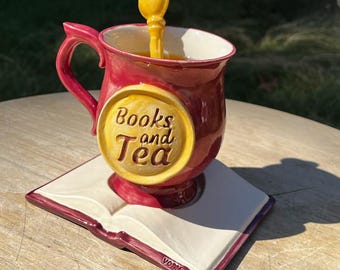 Handmade Ceramic Coffee Mug | Royal Red, Books & Tea Emblem