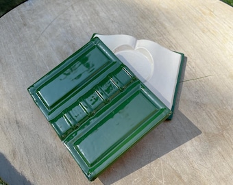 Forest Green Open Book Ceramic Coaster | Handmade Tea/Coffee Mug Saucer