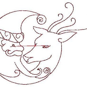 May include: A line drawing of a deer's head with antlers, curled into a crescent moon shape. The deer's face is detailed with an eye and a nose. The antlers are stylized with swirls and curls.